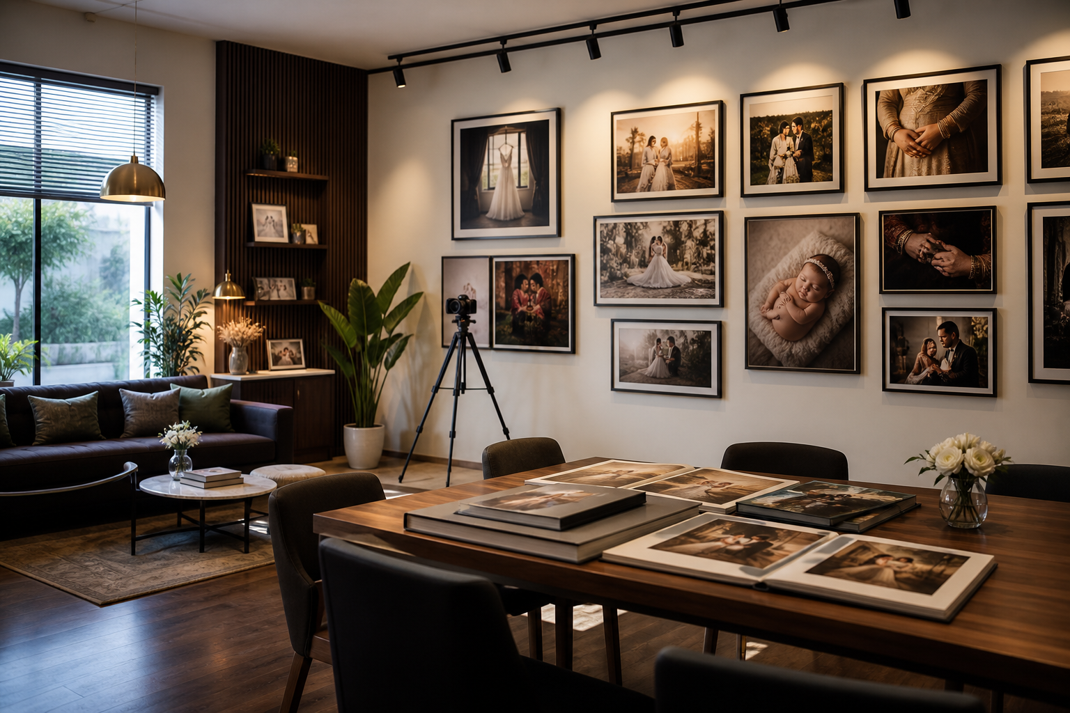 Premium photography studio interior with framed wedding and family portraits